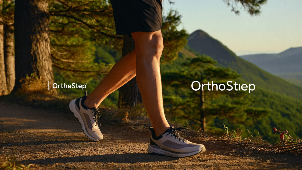 Personne marchant sur un sentier en forêt avec des chaussures OrthoStep, lumière dorée